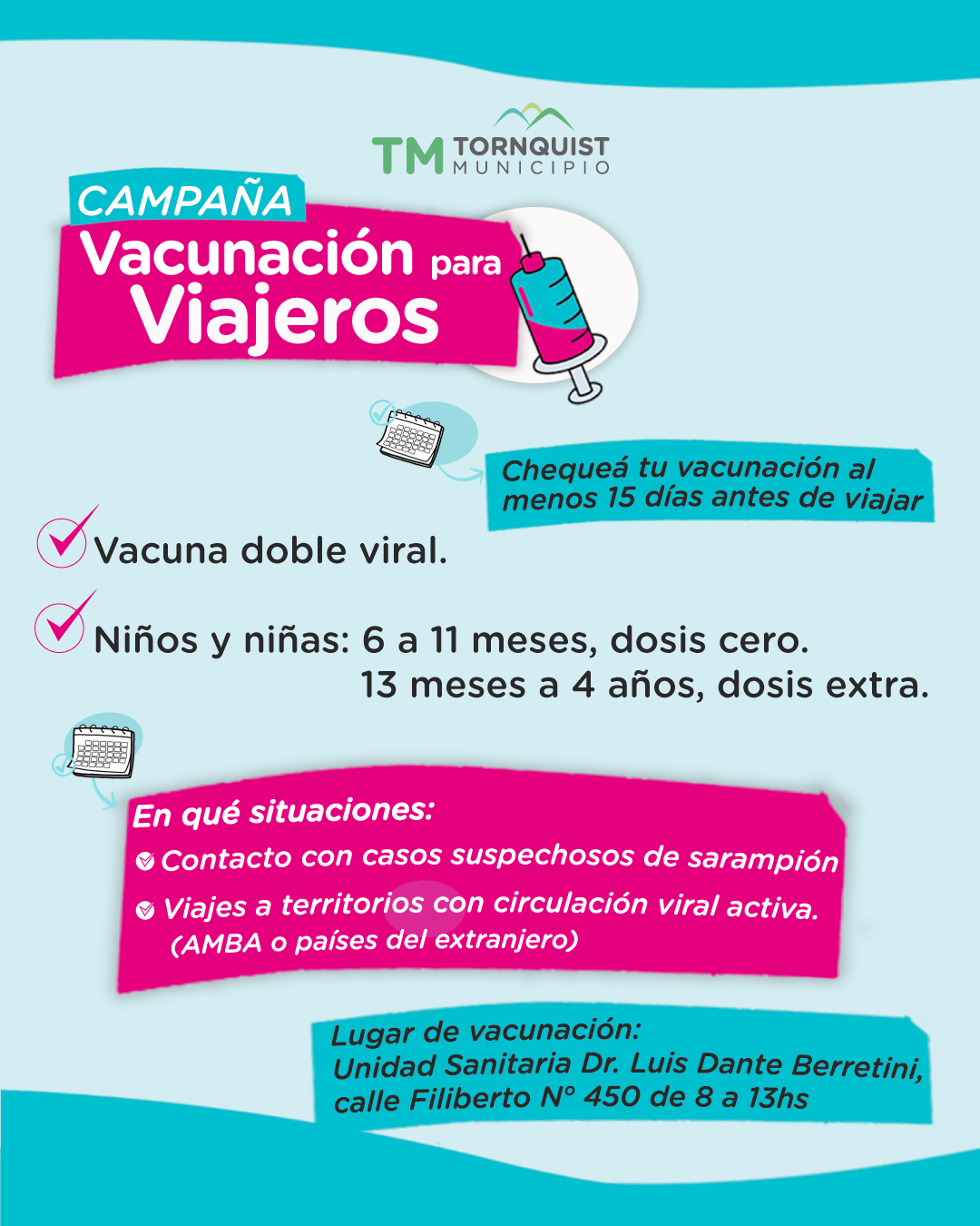 Salud: Campaña de vacunación contra el sarampión para niñas y niños viajeros